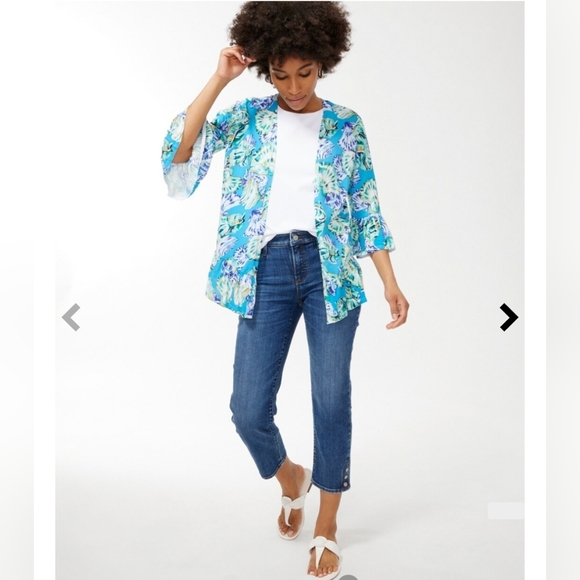 Chico's open front top size 3 US XL blue shells cruise beach Ruffled cardigan - Picture 8 of 10